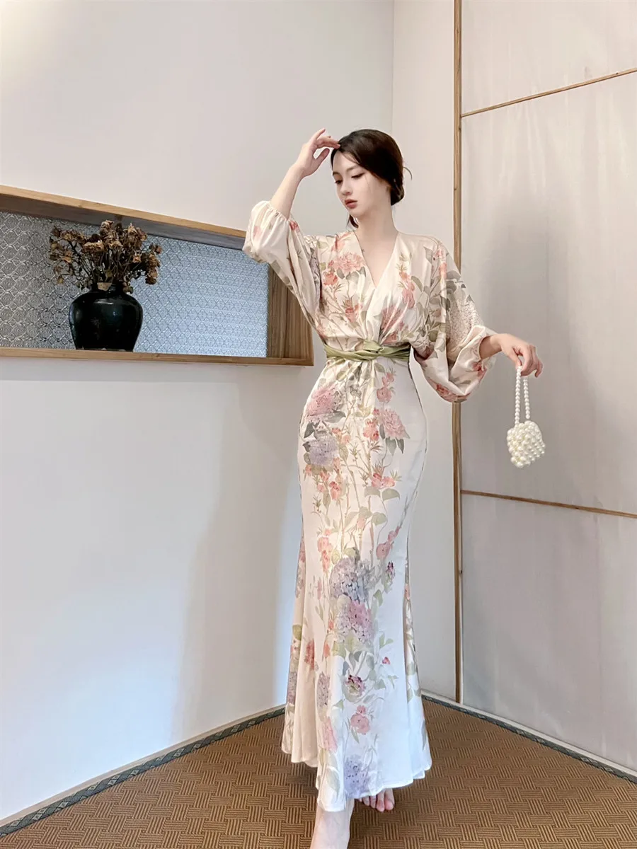 Spring Summer Oriental Classical Beauty Vintage Ink Floral Tight Waist Dress Women\'s V-neck Batwing Sleeve A- Line Length Dress