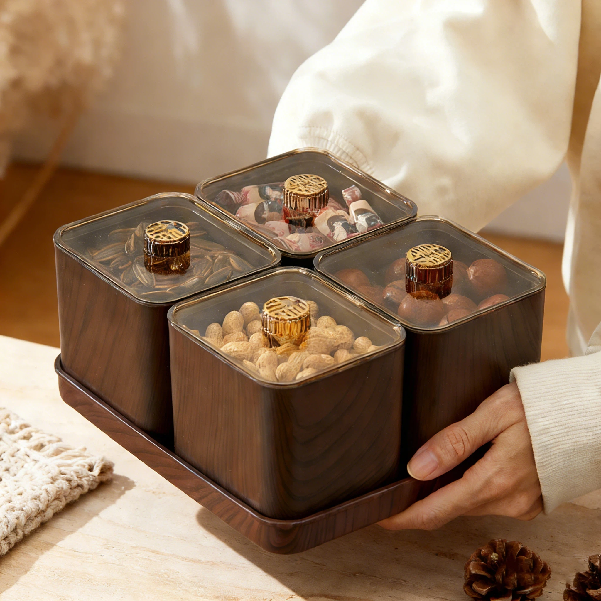 Caja de Almacenamiento de Alimentos de Plástico con Múltiples Compartimentos y Bandeja Decorativa, Contenedor Hermético a Prueba de Humedad para Guardar Aperitivos y Frutos Secos para la Cocina