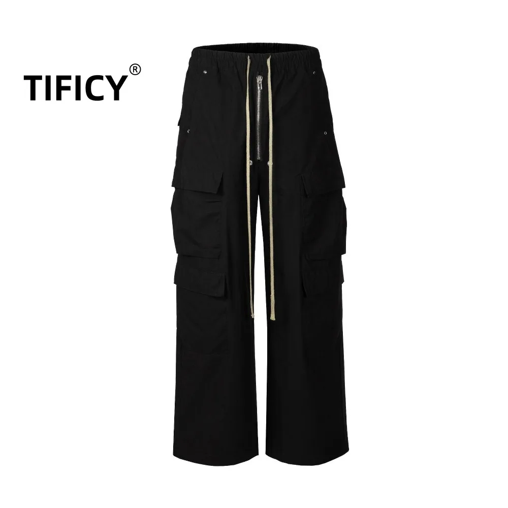 

High Street Dark RO Style Wide Leg Work Pants Men's Elastic Waist New Multi Pocket Design Loose Flared Streetwear Casual Pants