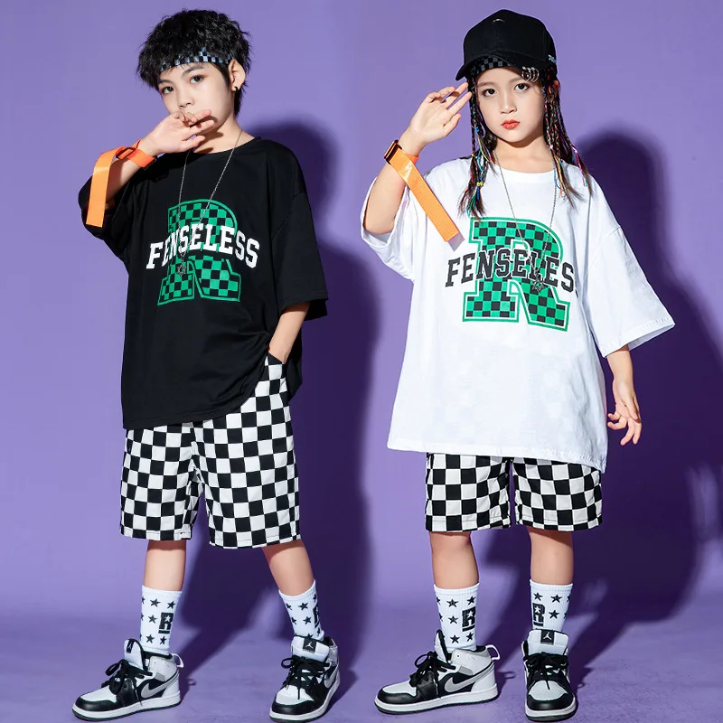 Crianças terno de dança de rua meninos jazz desempenho roupas branco impressão topos xadrez shorts verão meninas hip hop terno