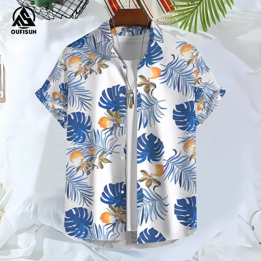 Floresta tropical masculina com estampa floral de manga curta, férias à beira-mar, tops grandes, moda casual, moda verão