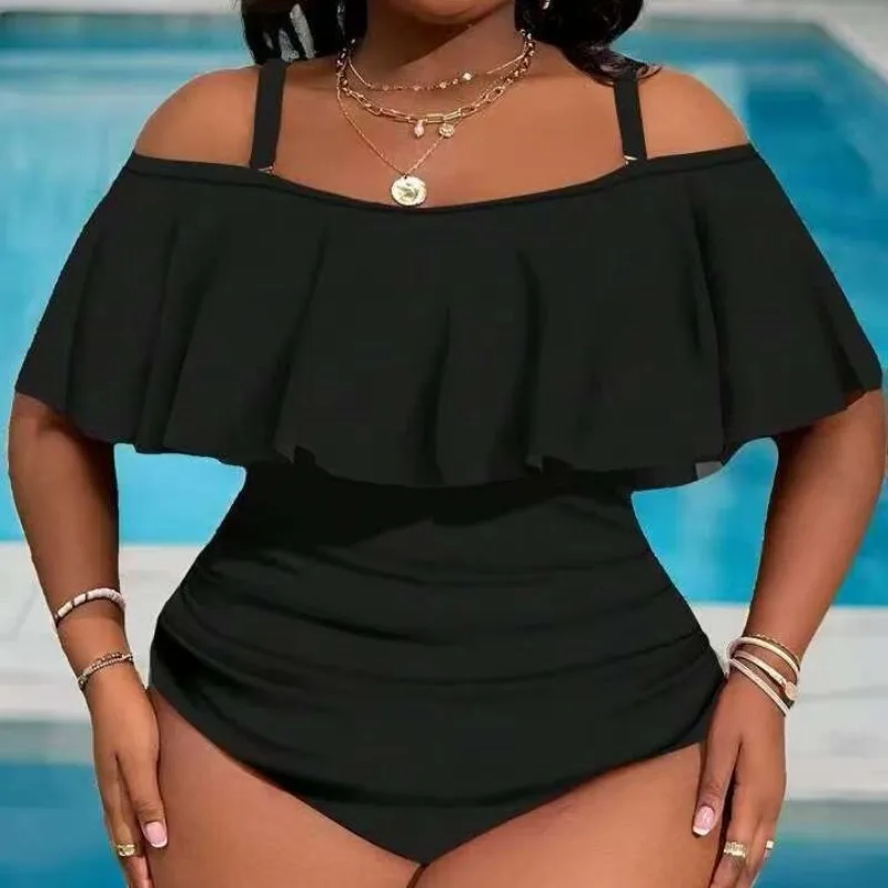 Plus Size One-piece Swimsuit for Women's Ruffle Leaf Shoulder Beach Wear Swimming Suit
