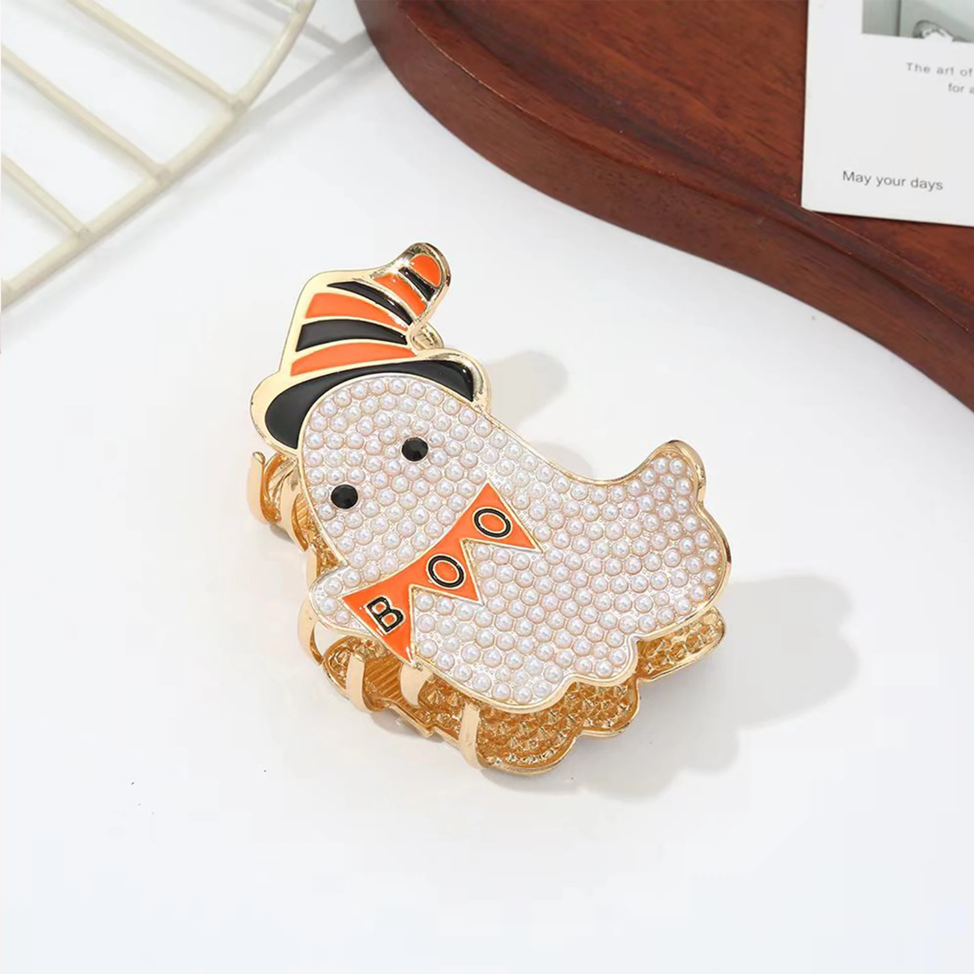 1PC Cute Gothic Halloween Hairpins, Spooky BOO Letters and Faux Pearl Beads Witch Hat Ghost Alloy Hair Grips, Halloween Gifts