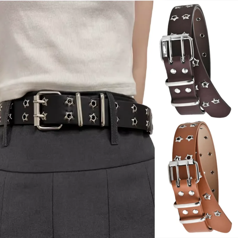 

New Star Eye Rivet Belt Goth Style Double Pin Buckle Man/woman Fashion Casual Punk Style Pu Leather Waistband for Jeans Y2K Belt