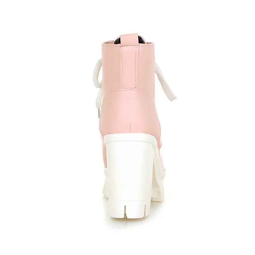 Big Size Winter Women Combat Platform Boots Black Pink High Block Heels Casual Party Office Lady Plush Lace Up Snow Ankle Boots