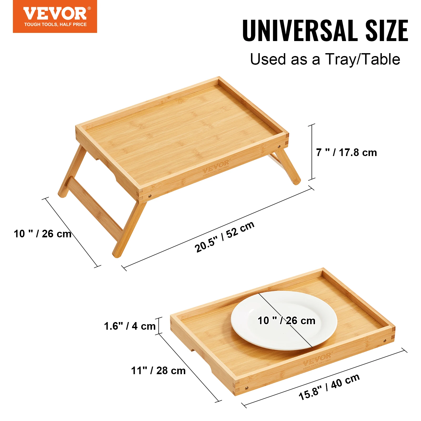 VEVOR Bamboo Bed Tray Table with Foldable Legs Breakfast Tray for Sofa Bed Eating Snacking & Working Portable Food Snack Platter