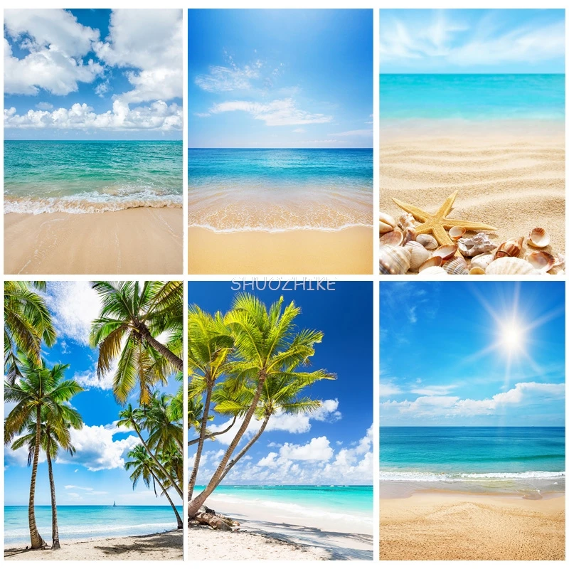 

SHUOZHIKE Sandy Beach Holiday Summer Photography Backdrop Prop Coconut Tree Landscape Window Photo Studio Background HF-20