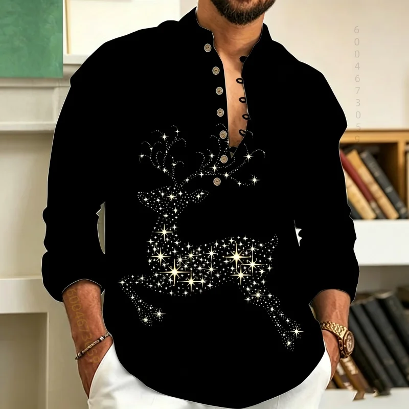 Men's Shirt Henry Collar Polo Long Sleeved Shirt Retro Ethnic Geometric Print Fashionable Design Loose Casual Men's Top XS-6XL