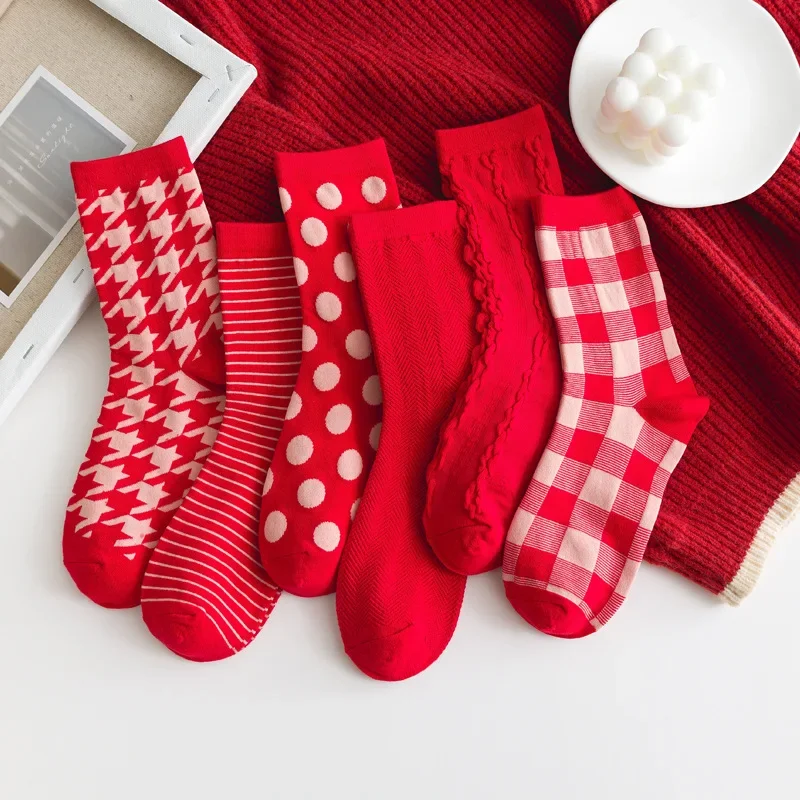 Calcetines de tubo medianos de Navidad rojos para hombres y mujeres, parejas, calcetines de Año Nuevo, Otoño e Invierno