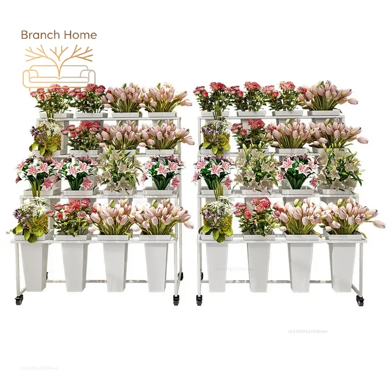 Movable Iron Flower Stand with Ladder Multi-Layer Stall Display for Flower Shop Ready Stock for  Flowers Buckets & Planters