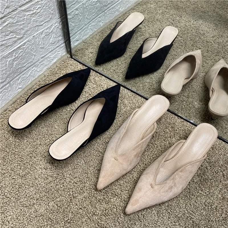 New Pointed Toe Women\'s High Heel Slippers 2024 Spring Closed Toe Sexy Stiletto Suede Simple Slippers