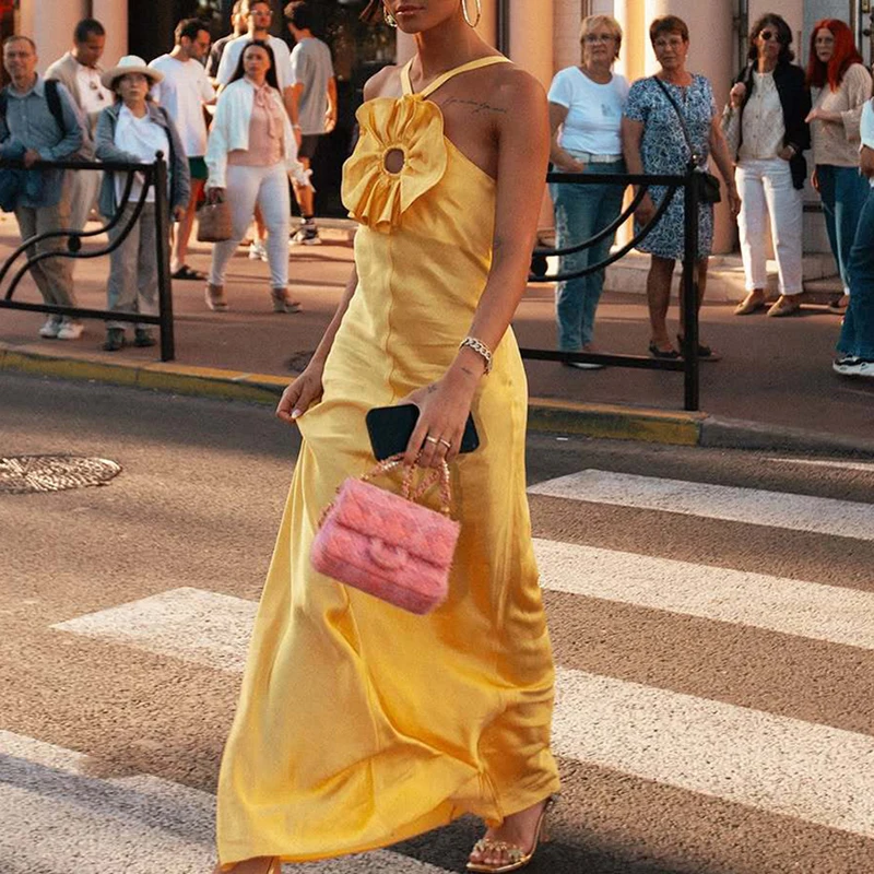 Luxury Satin Sleeveless Backless Gala Dress Elegant Lady Solid Color 3D Chest Floral Party Dress Fashion Hollow Out Halter Dress