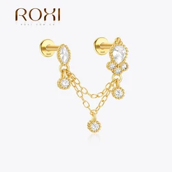 ROXI 925 Sterling Silver Double Tassel Chian Hole Horse Eye Zircon Stud Earrings Women piercing Earring Party Jewelry Gift