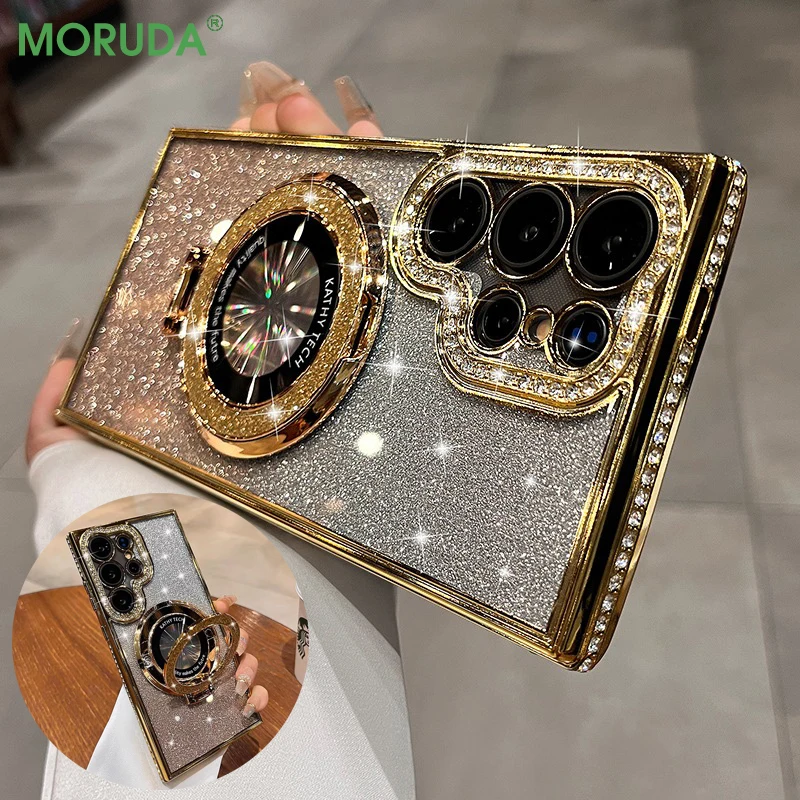 S26Ultra Glitter Bracket Case For Samsung Galaxy S25 S24 S23 S22 Ultra S26 Plus A55 A52S A15 Magnetic Diamond Shockproof Cover