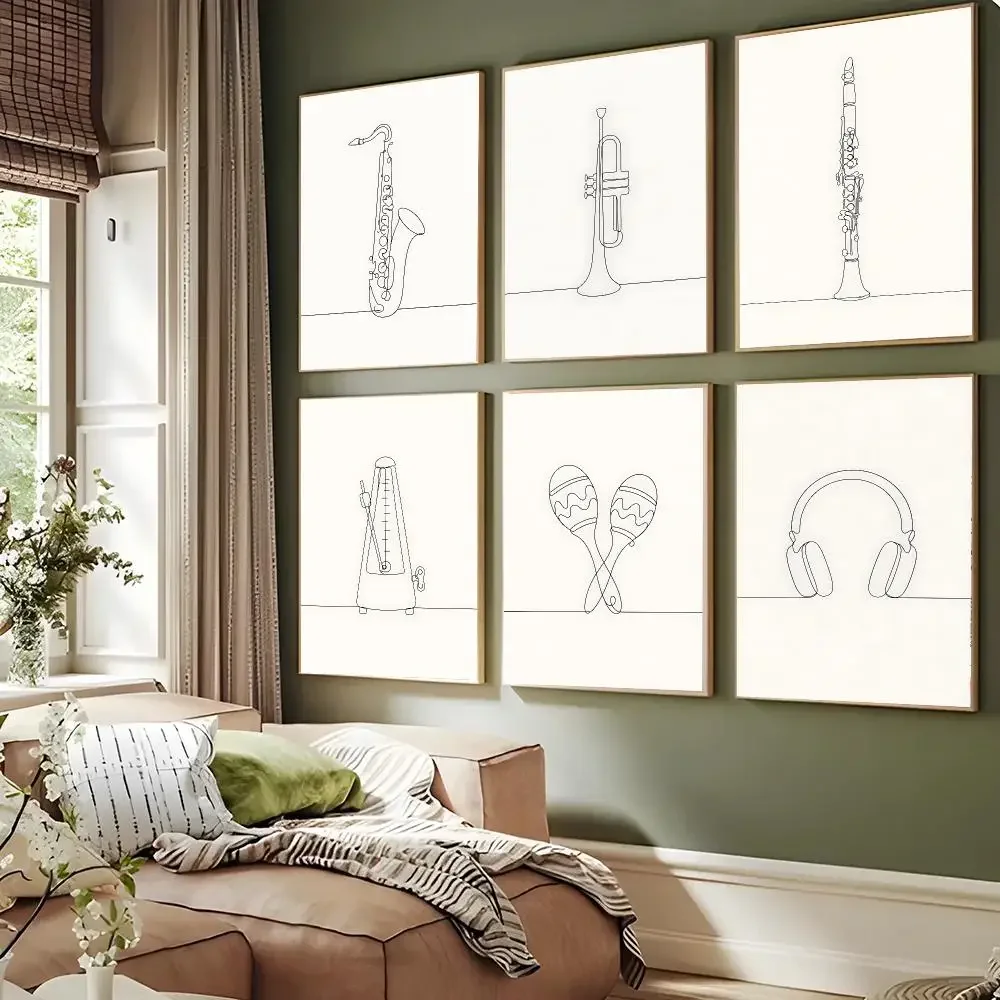 Minimalist Musical Instrument Line Drawing Poster Waterproof Sticky WallArt Print For Bedroom Living Room Hallway Bar Home Decor