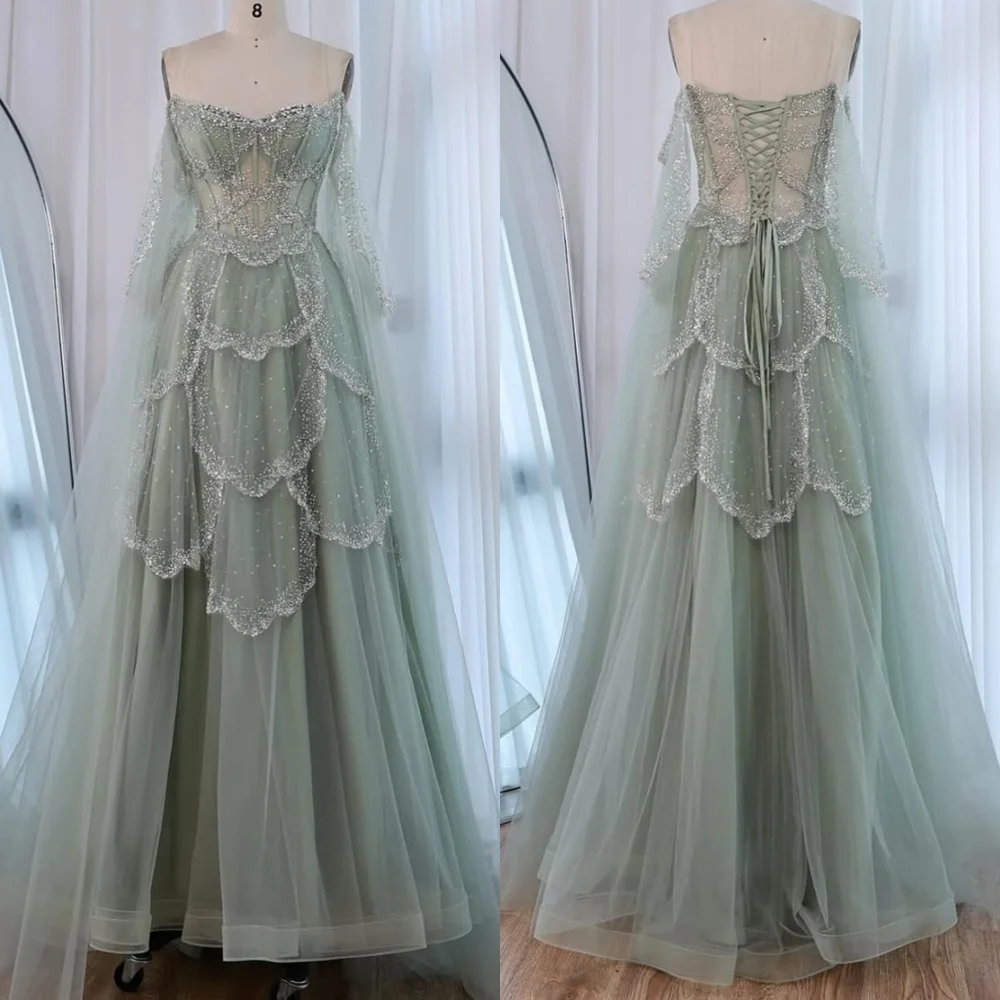 

Customized Modern Light Blue Organza Evening Dress Graceful Strapless Off the Shoulder Long Sleeves Lace Up Back Cocktail Dress