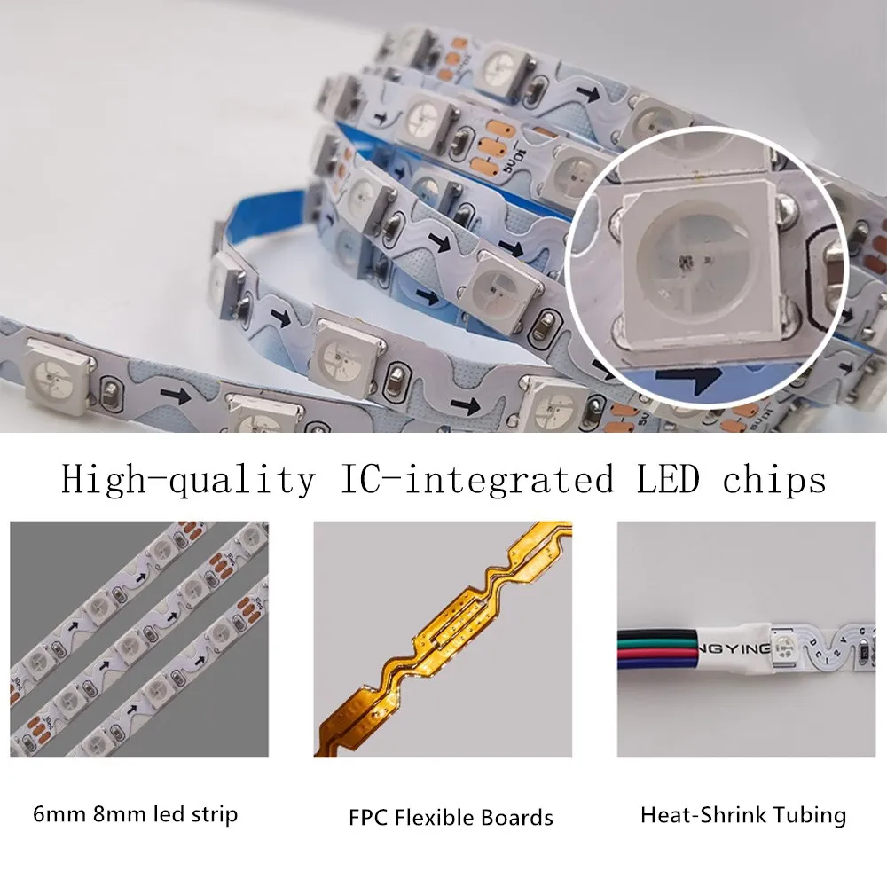 DC 5V RGB Led Strip Light S shape WS2812 60Leds/m Bendable Type Addressable WS2812B 6mm 8mm RGB LED Pixel Strip Full Color