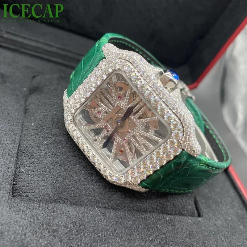 

Ice Luxury Watch Skeleton Square VVS Moissanite Men Women 41mm Green Leather Fashion Watch