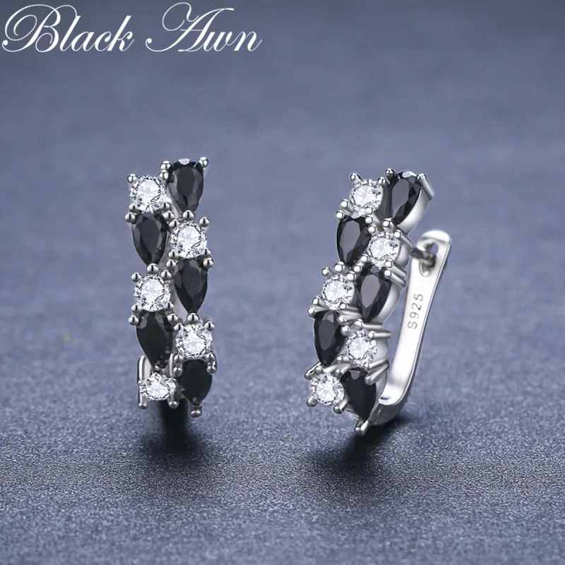Black Awn 2026 Classic Silver Color Jewelry Black Spinel Stone Cute Stud Earrings for Women Bijoux Femme Boucles d\'oreilles I228