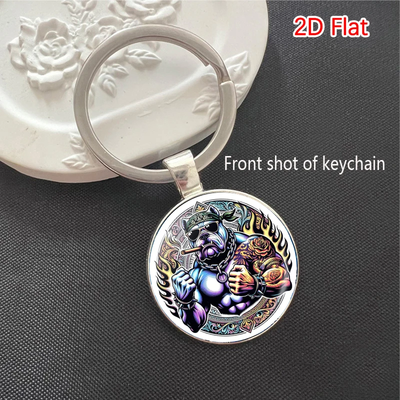 Muscular Tattoo Dog Time Gem Keychain Round Glass Dome Key Ring Cool Animal Art Bag Charm Pendant Men Fashion Jewelry Gift