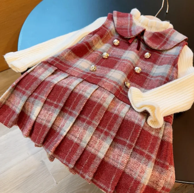Plaid Toldder Girls' Korean Children's Clothing Suit  Winter New Style Western-style High-end Children's Coat Vest Two-piece Set