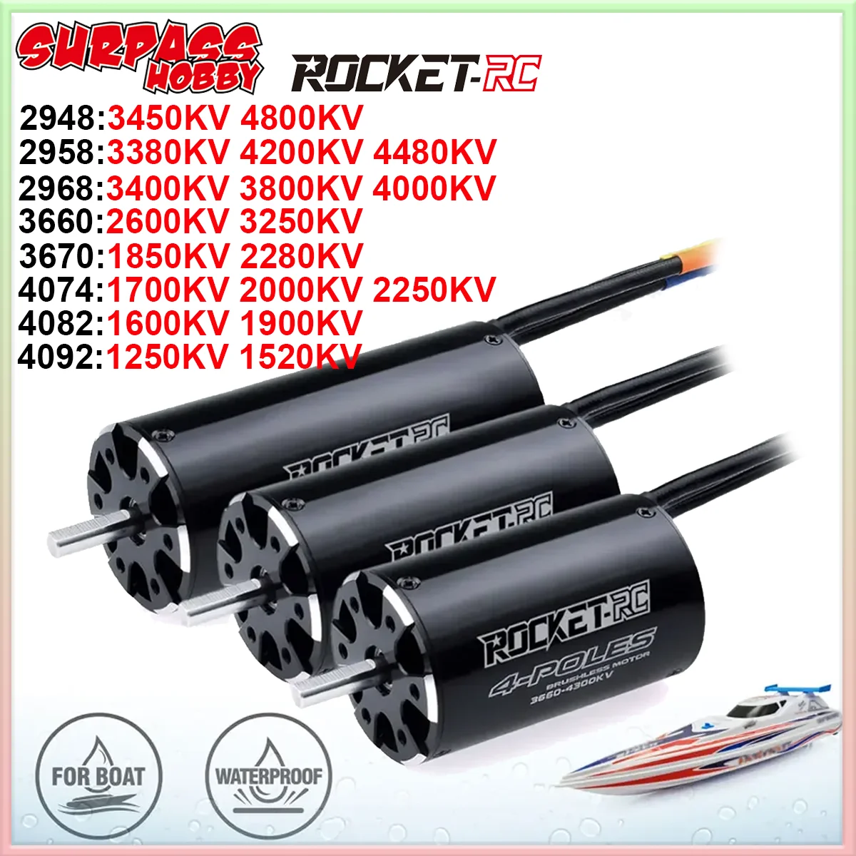 SurpassHobby Rocket 2948 2958 2968 3660 3670 4074 4082 4092 Bürstenloser Motor für RC-Boot 500–1000 mm Traxxas M41 Catamaran Spartan