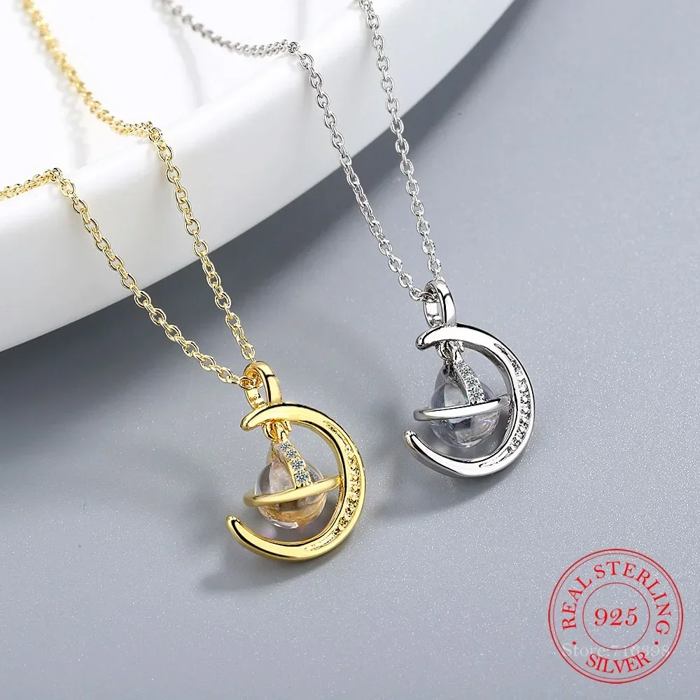 Real 925 Sterling Silver Universe Planet Pendant Necklace Personality Clavicle Link Chain Moon Jewelry For Women Gift