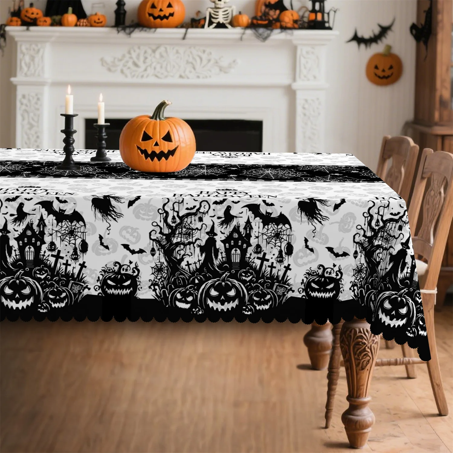 Halloween pumpkin lanterns, bat, dead tree, castle, spider web tablecloth, suitable for rectangular and circular dining tabl,kdj
