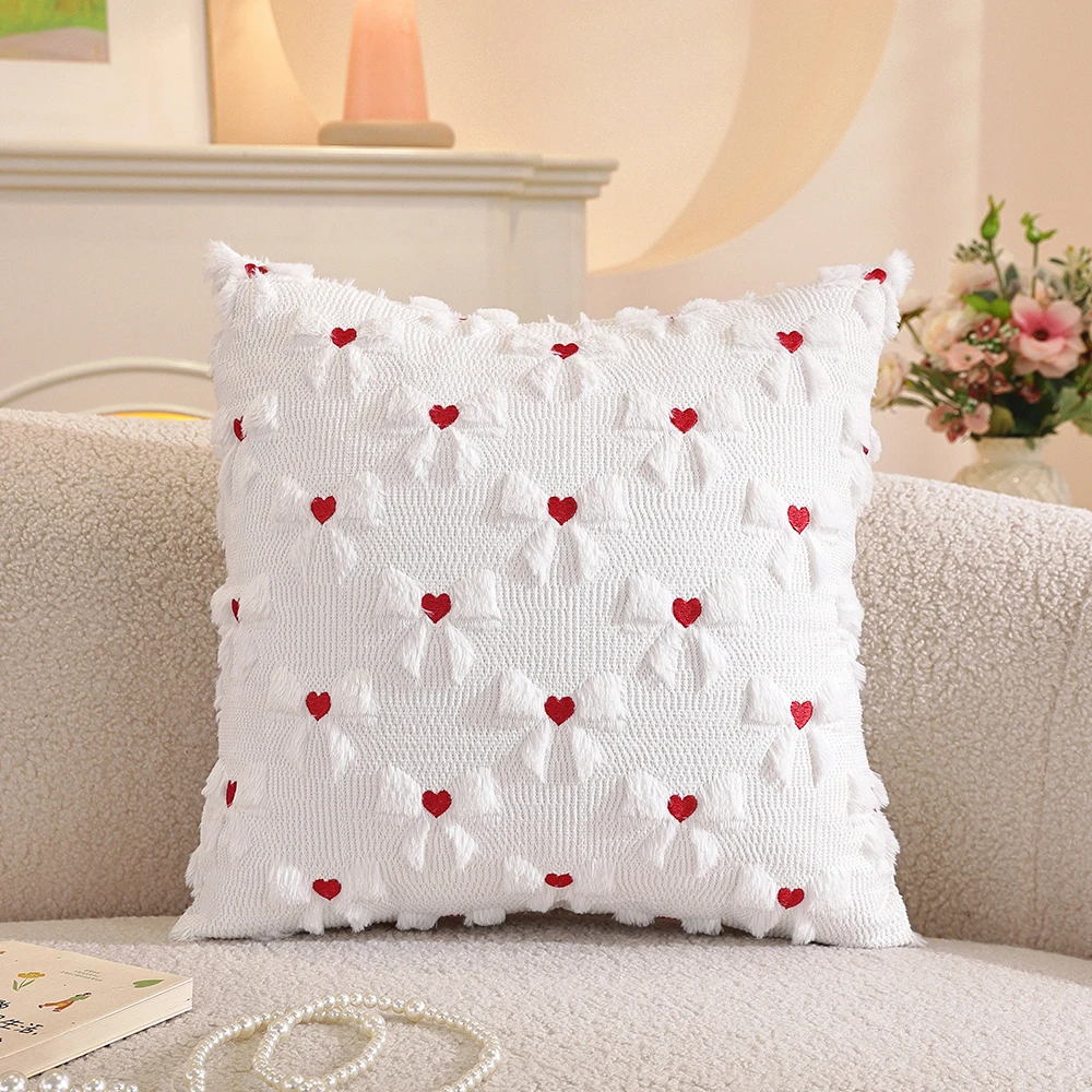 

White Bow Sofa Decorative Pillowcase 45x45CM Soft Faux Fur Cushion Cover Valentine's Day Love Plush Faux Fur Throw Pillow Cover