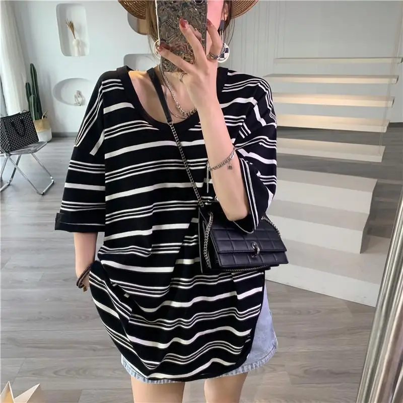 Fashion Striped All-match Pullovers Ladies Fashion Tops Short Sleeve New Summer Loose T-Shirts Straight 2024 Women's Clothing