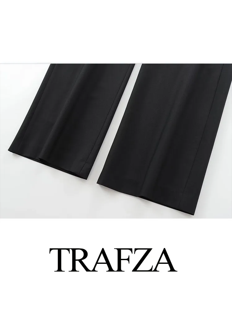 TRAFZA Autumn Suit Woman 2024 Trendy Black Turn-Down Collar Long Sleeves Pockets Single Breasted+Mid-Waist Buttons Zipper Pants