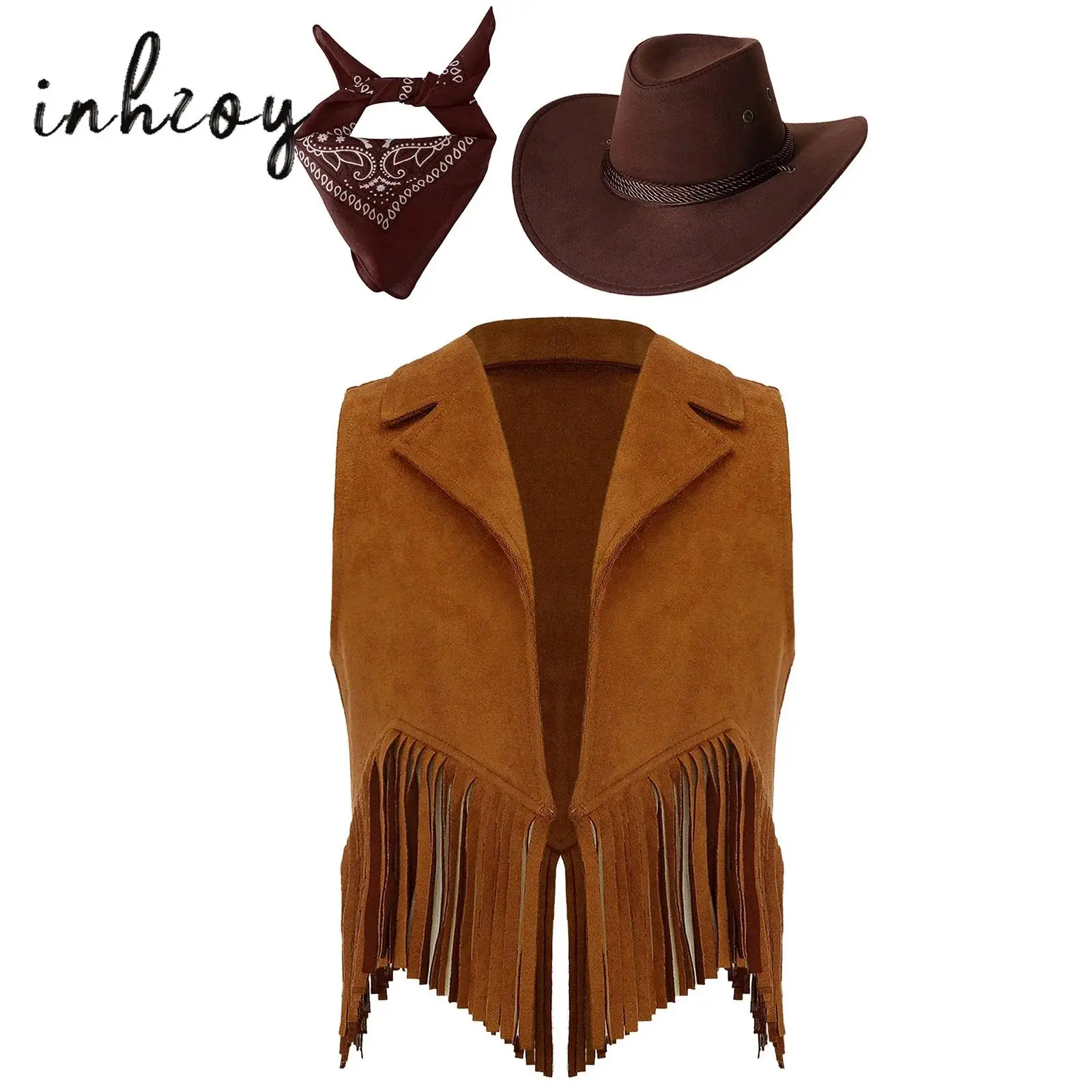 

Boys Girls Cowboy Cowgirl Costume Outfits Suede Tassels Fringe Vest with Hat Bandanna Set Halloween Party Wild West Waistcoat