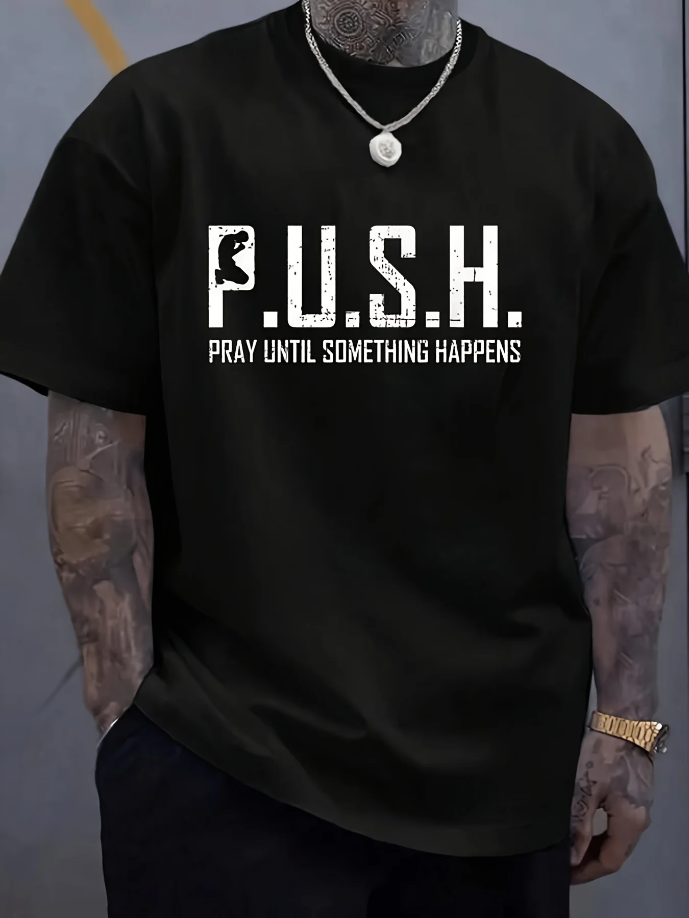 Unisex Christian Graphic Tee Featuring The Phrase 'PUSH Pray Until Something Happens', Perfect for Casual Wear with Short Sleeves