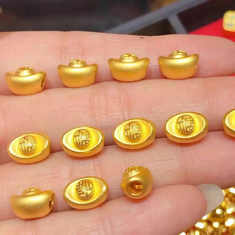 

Pure 24K Yellow Gold Beads Women 999 Gold 3D YuanBao Fu Beads 1pcs