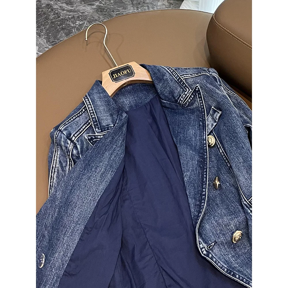 Cool Casual Fashion Double-breasted Full Sleeve Autumn Winter Women Slim Washed Denim Blazer