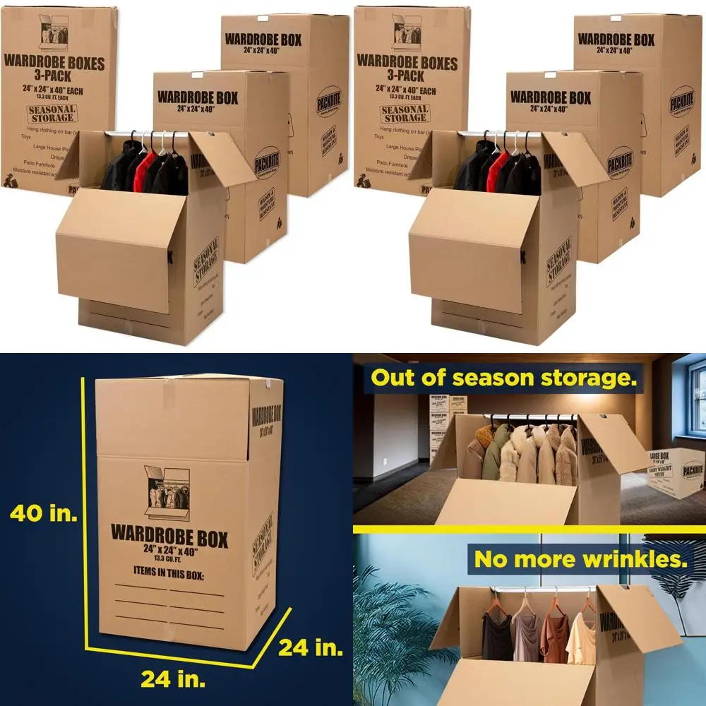 

Set of 3 Large Hanging Wardrobe Boxes, 24x24x40, for Moving Clothes with Hangers