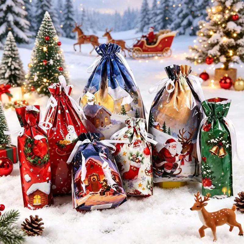 Christmas Drawstring Gift Bags With Assorted Festive Patterns Self Standing Design For Holiday Wrapping Christmas Party Supplies