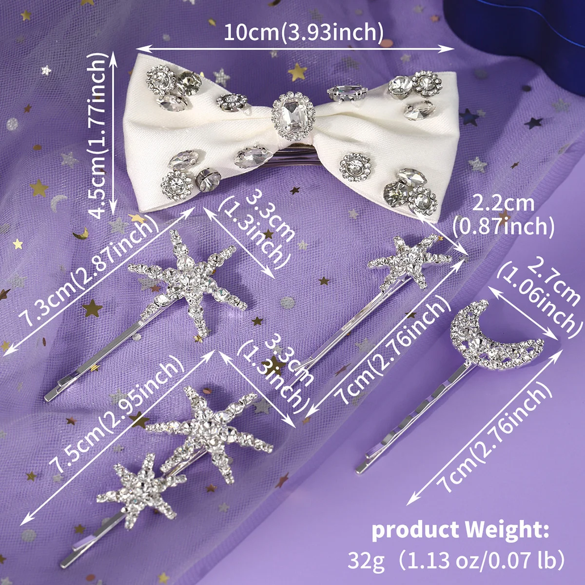 Sliver Fashion Star Ribbon Rhinestone Hair Clip Set Daily Hairpin Headpieces for Girls Holiday Party Hair Accessories Jewelry