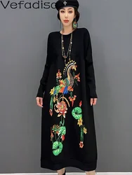 Vefadisa 2024 Autumn Fashion Women Round Neck Pullover Dress Loose Mid-length Printing Embroidery Knitting Dress Black LHX2550