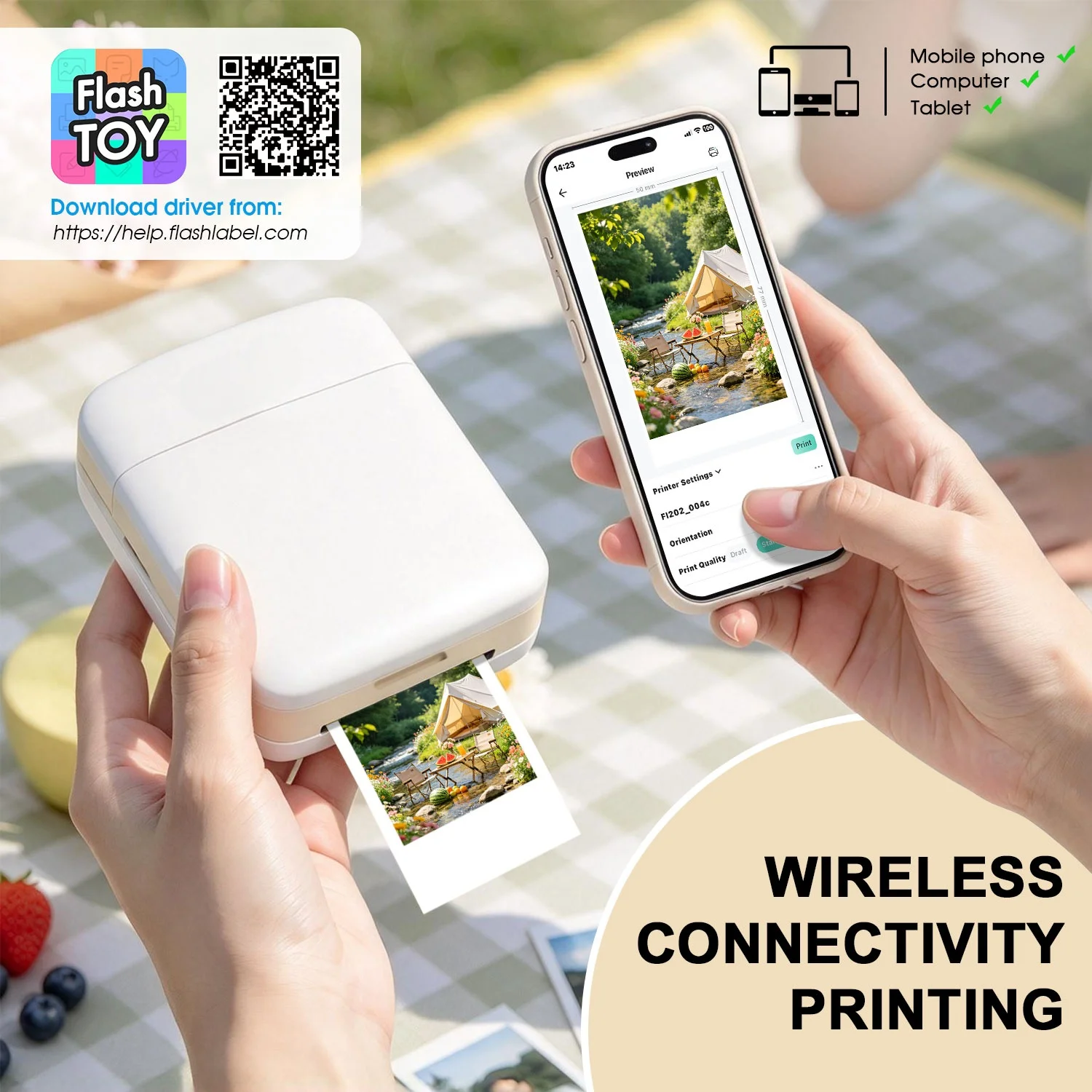 Bluetooth color inkjet printer; produces 2×3-inch mini photos with adhesive backing. Perfect for capturing moments on the go