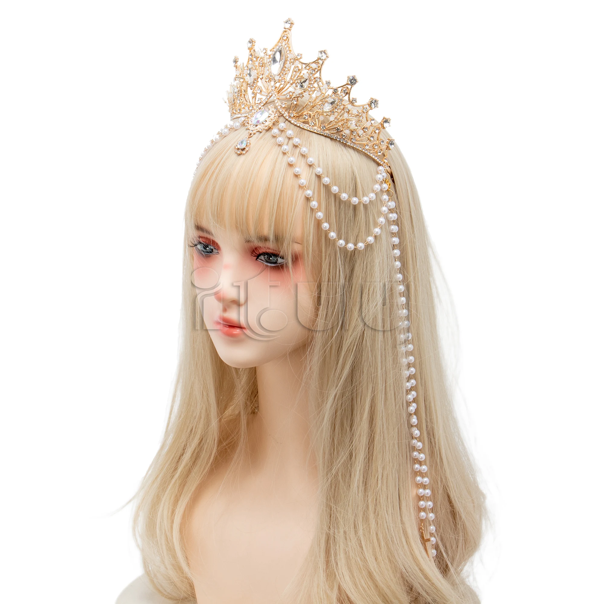 Halo couronne Lolita princesse or noir couronne casque reine pape gothique magnifique perle chaîne pendentif cheveux accessoires coiffure