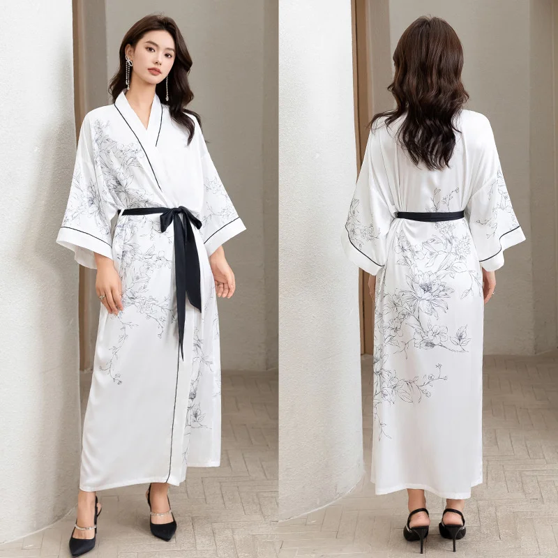 Black Print Flower Long Robe Nightgown Spring Summer Half Sleeve Kimono Bathrobe Gown Women Ice Silk Rayon Home Dress