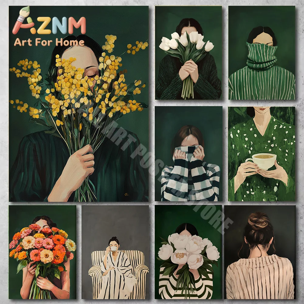 Emerald Abstract People Art Poster Woman with Flowers Minimal Japandi Female Abstract Poster Wall Arts Abstract Eclectic Prints