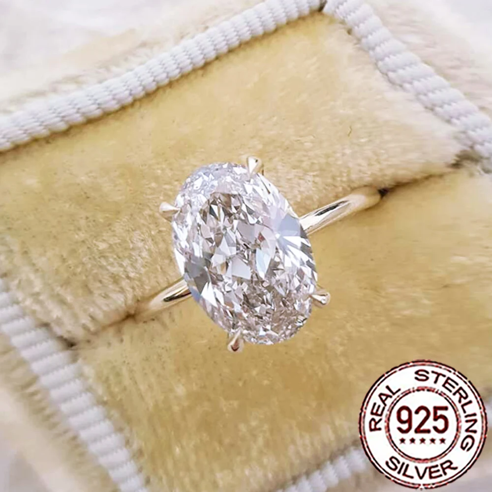 QooLady 925 Sterling Silver Luxury Shiny Cubic Zircon Big Oval Ring for Women Bridal Engagement Wedding Band Jewelry Gifts SR006