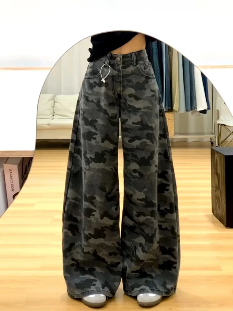 

American High Street Workwear Camouflage Wide Leg Jeans Men's Trendy Cleanfit Straight Micro Flared Pants Cotton Denim
