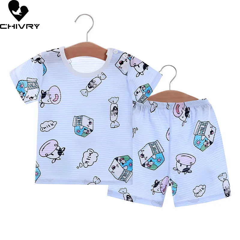 Kids Boys Girls Pajamas New 2023 Summer Thin Breathable Cartoon Short Sleeve O-Neck Tops with Shorts Baby Sleeping Clothing Sets