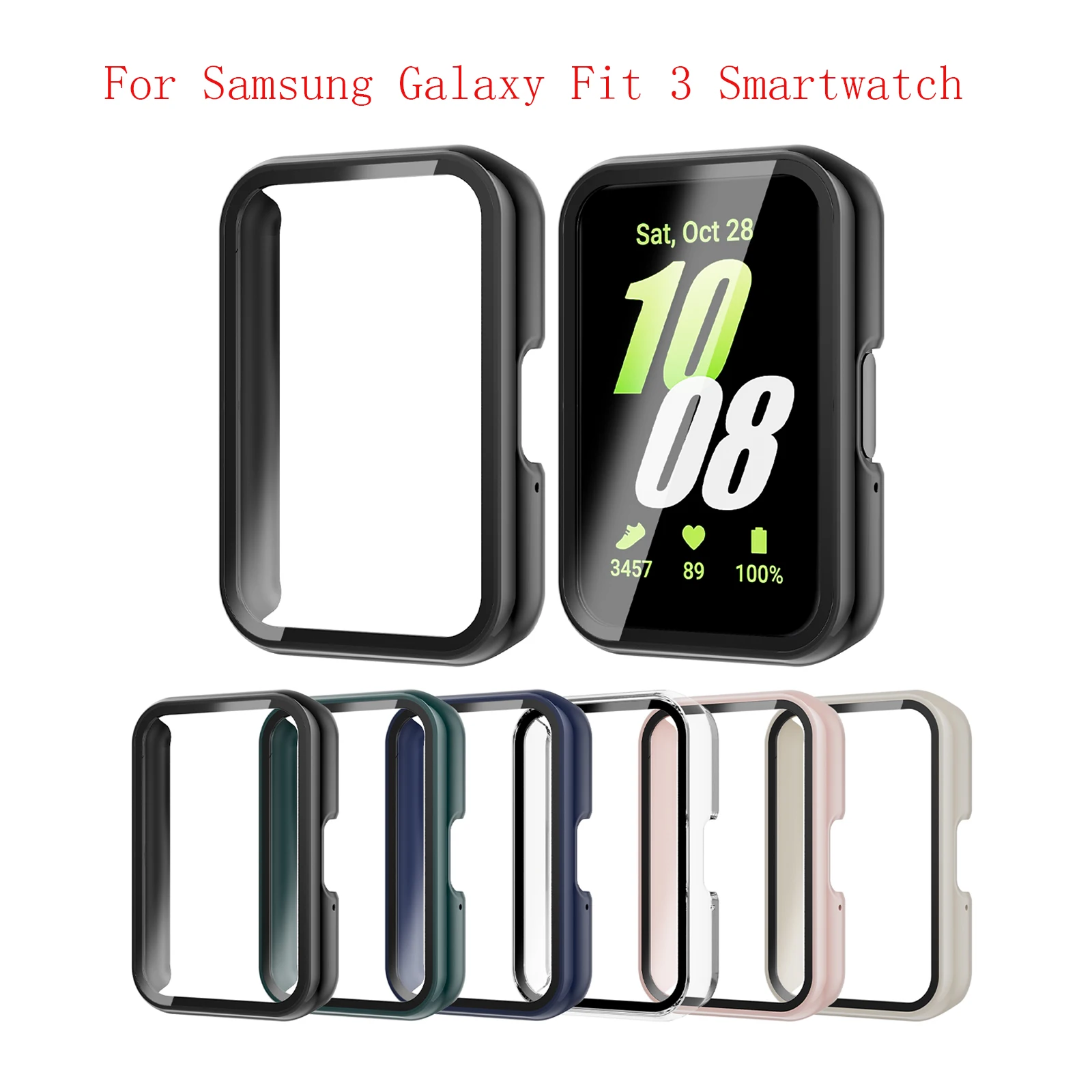 Etui ochronne na ekran do smartwatcha Samsung Galaxy Fit 3, twardy zderzak PC i osłona ekranu ze szkła hartowanego.