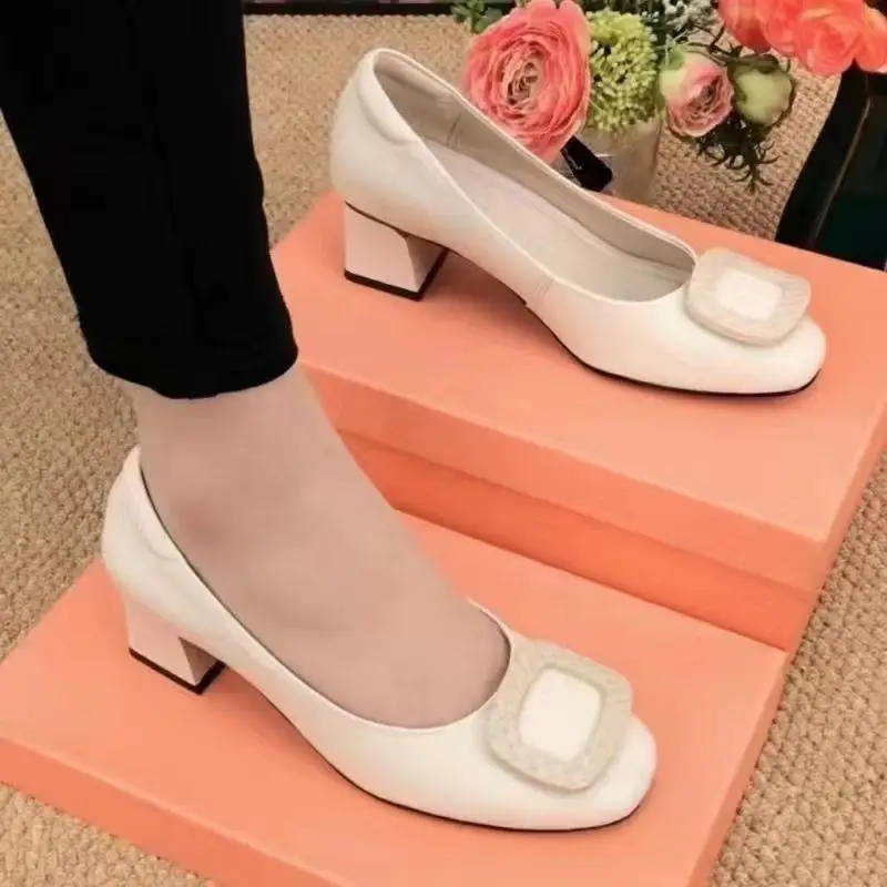 Women Flats Shoes 2022 Casual Solid Color Slip On Lady Square Heel High Quality Comfort Party Wedding Office Shoes Zapatos Mujer