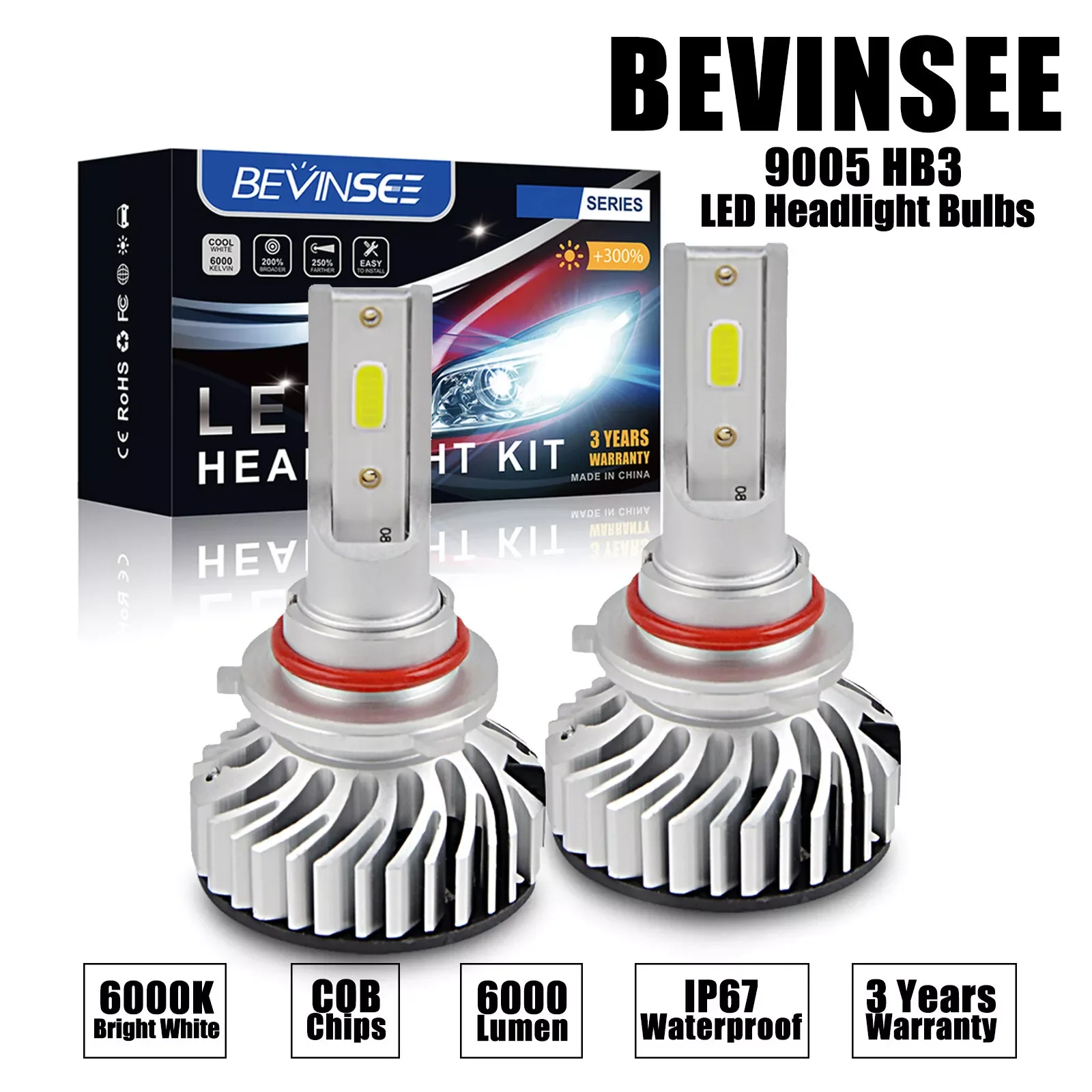 BEVINSEE 2PCS HB3 9005 LED Car Headlight Bulbs 50W HB4 9006 LED Auto Fog Lights 6000K White 12V Headlamp for Vehicles