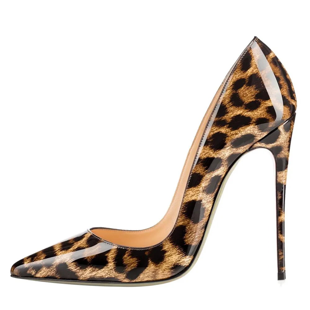 Thin high heels spring new pointed light patent leather contrast color leopard print shoes banquet dress large-size women's shoe